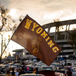 A brown and gold Wyoming flag in front of War Memorial Football Stadium.